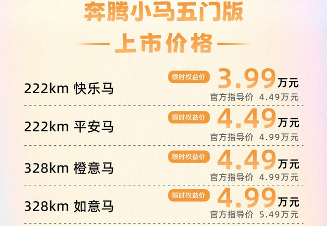 搭宁德时代电池 奔腾小马五门版上市权益价3.99万起|内饰|新车